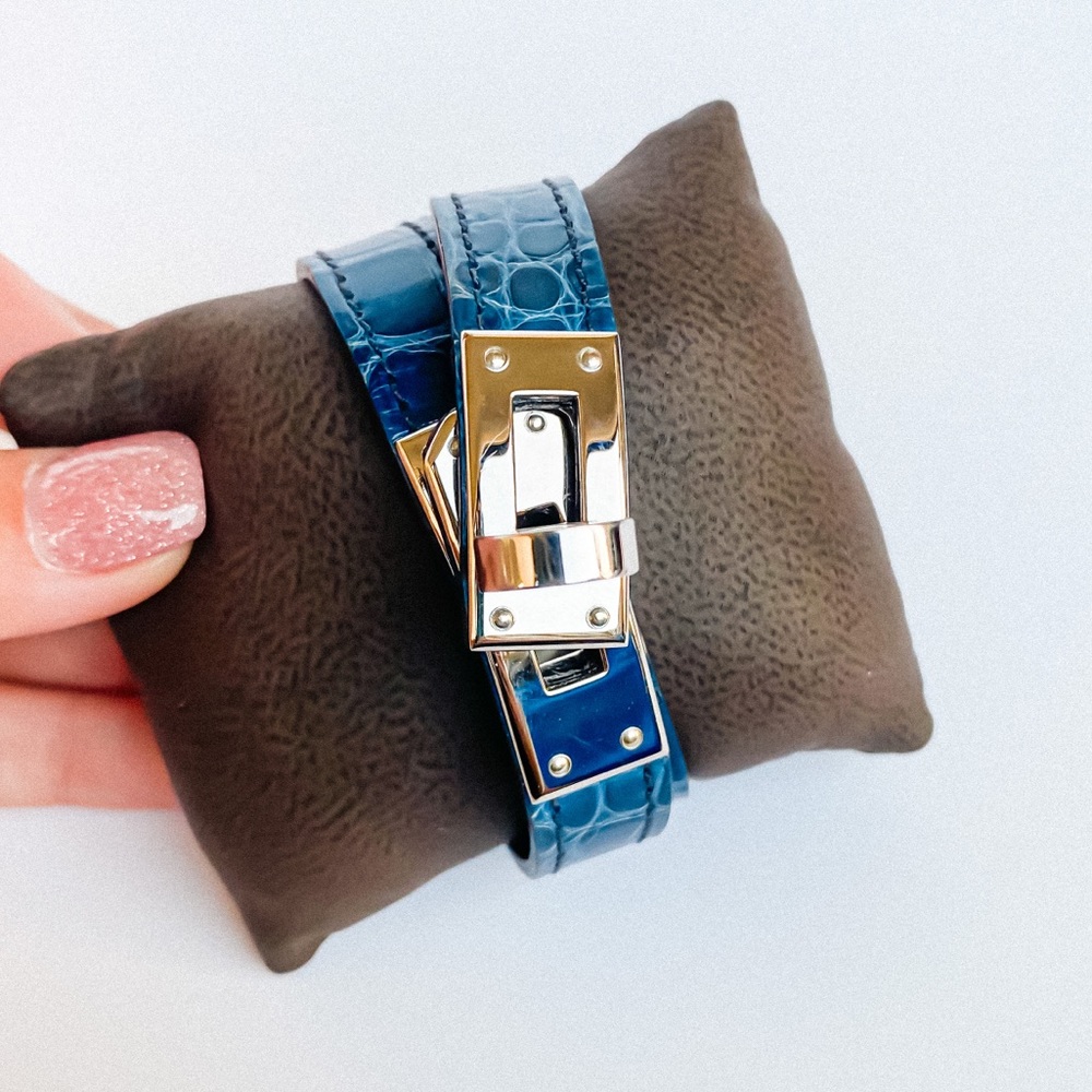 SOLD RARE HERMÈS KELLY Double Tour bracelet blue alligator - Picture 8 of 8